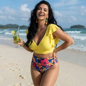 Vibrant Plus Size Boho Tankini Set 1XL Ruffle Sleeves Tropical Print Swimwear